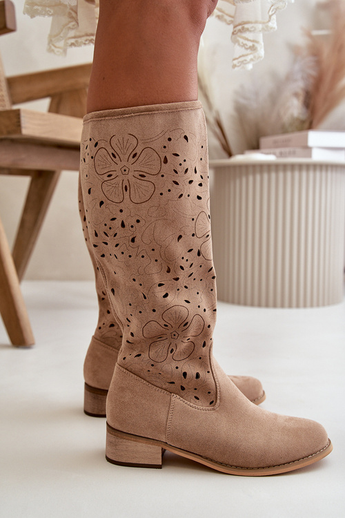 Ażurowe Kozaki Damskie Na Niskim Obcasie Eko Zamszowe Zapinane Na Zamek Ciemnobeżowe Orchides