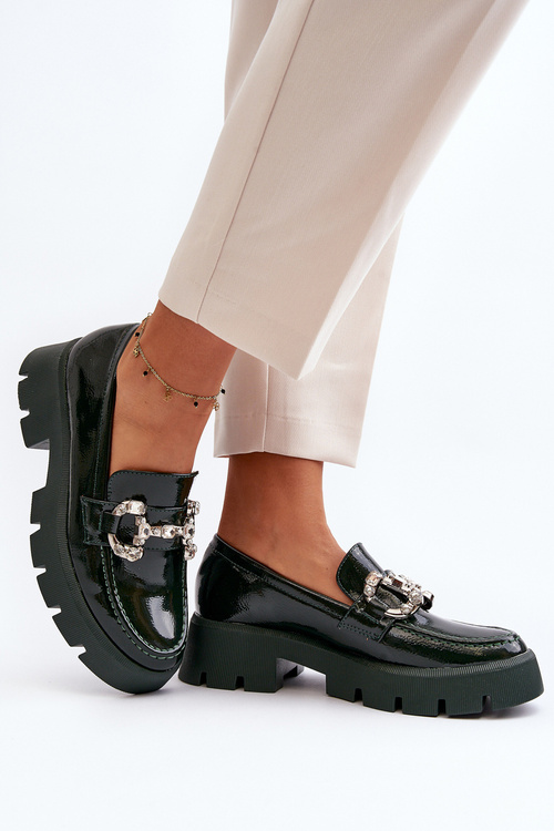 Damskie Lakierowane Mokasyny Z Ozdobą Ciemnozielone Arsaba