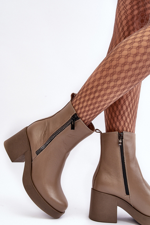 Botki Skórzane Na Masywnym Obcasie Z Suwakami Ciemnobeżowe Lemar Littosa