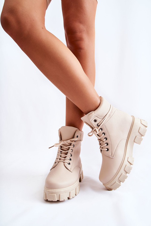 Damskie Botki Trapery Ocieplane Jasnobeżowe Flavin