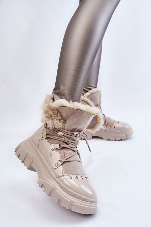 Damskie Botki Z Futerkiem Sznurowane Jasnobeżowe Merron