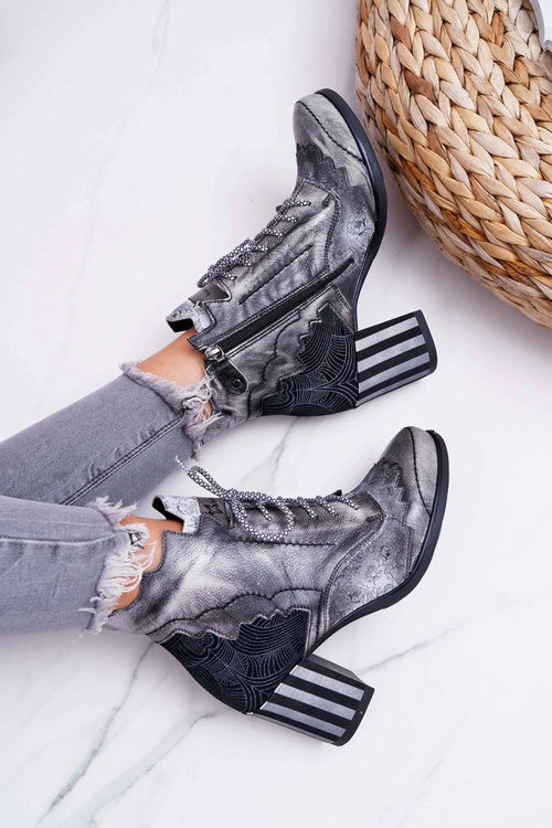 Botki Damskie Skórzane Maciejka Szare 03190