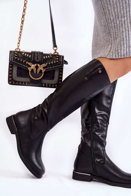 Damskie Kozaki Skórzane Na Płaskim Obcasie Czarne Asturio