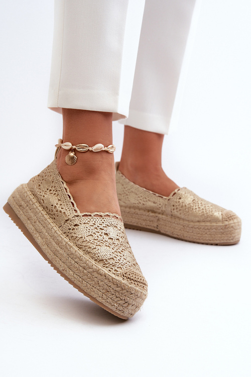 Espadryle Damskie Koronkowe Na Platformie Złote Elarose