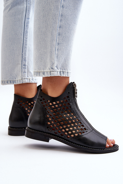 Zazoo 977/L Skórzane Ażurowe Sandały Na Zamek Czarne