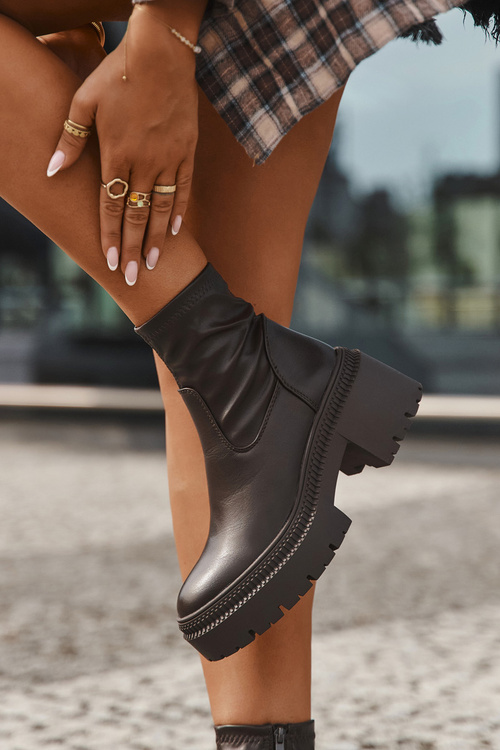 Botki Damskie Na Masywnym Obcasie I Platformie Eko Skórzane Brązowe Elvianne