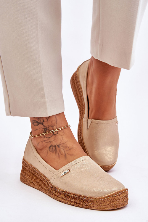 Damskie Skórzane Espadryle Na Koturnie Beżowo-Złote Lemar Hadlee