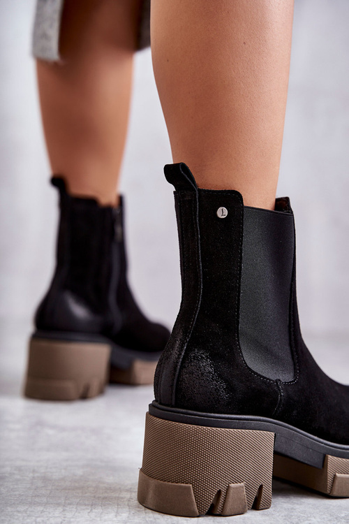 Zamszowe Damskie Botki Na Platformie Czarne Lemar Hilde