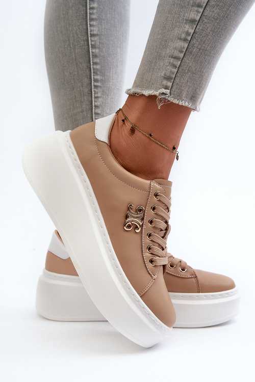 Skórzane Sneakersy Damskie Na Platformie Brązowe Pernalia