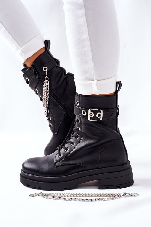 Czarne Workery Botki z Łańcuchem Midtown