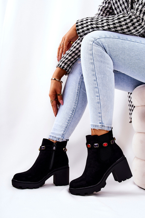 Botki Damskie Na Słupku z Kryształami Czarne Makbet