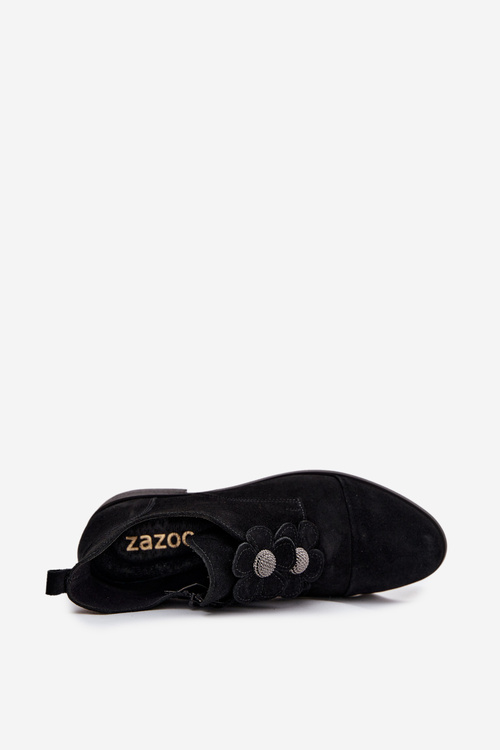 Zamszowe Półbuty Damskie Z Ozdobnymi Kwiatkami Zazoo 3080 Czarne