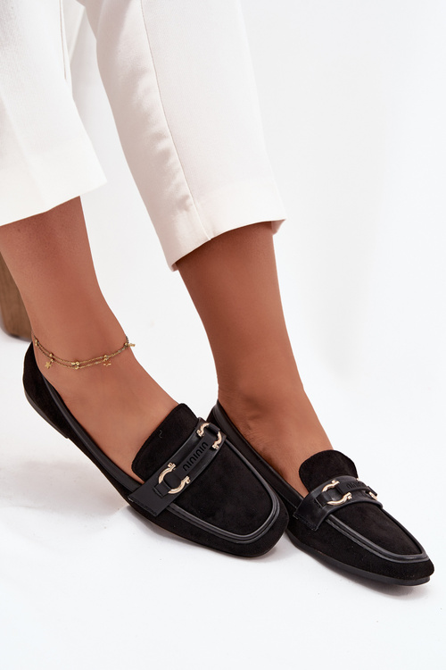 Mokasyny Loafersy Damskie Z Ozdobnym Elementem Czarne Evelora