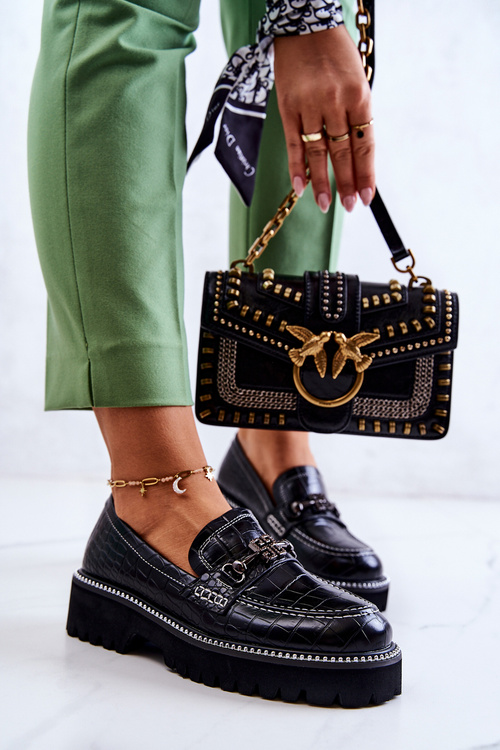 Skórzane Półbuty Wężowe Z Ozdobą Czarne Adison