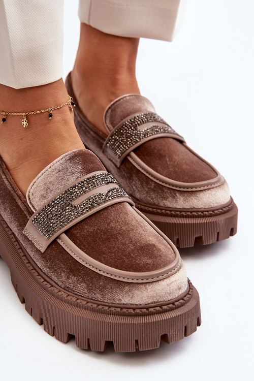 Damskie Welurowe Mokasyny Z Ozdobą Brązowe Wendreda