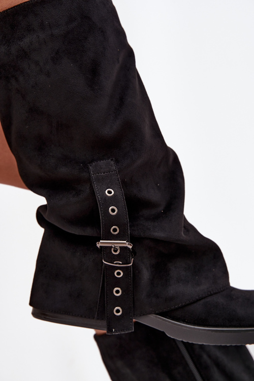 Kozaki Damskie Z Marszczoną Cholewką I Klamrą Czarne Ophelis