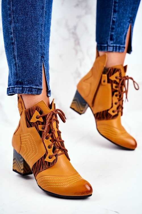 Botki Damskie Skórzane Trzewiki Maciejka Żółte 03194