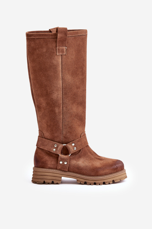 Zamszowe Kozaki Damskie Przed Kolano Lewski 3615 Brązowe