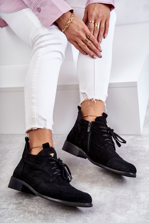 Zamszowe Botki Trzewiki Sznurowane Nicole 2781 Czarne