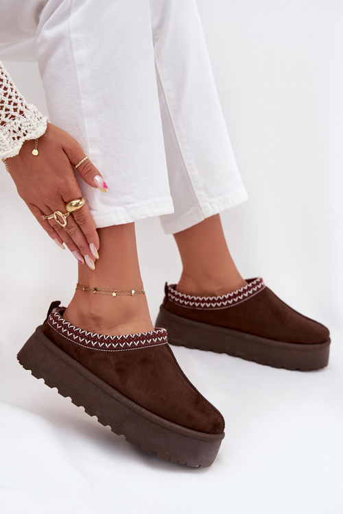 Niskie Śniegowce Damskie Z Haftem Na Platformie Czekoladowe Narirya