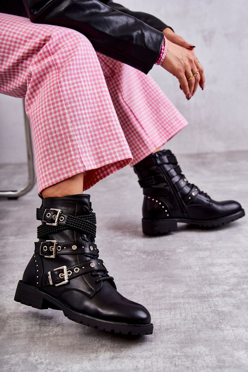 Damskie Skórzane Botki Z Ozdobnymi Paskami Czarne Russo