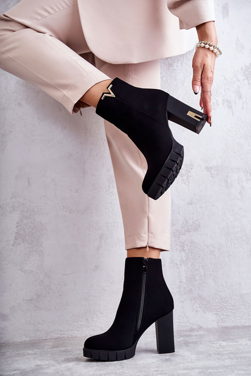 Damskie Botki Na Obcasie Z Ozdobą Czarne Teruko