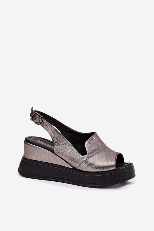 Skórzane Damskie Sandały Na Koturnie Artiker 54C0402 Grafitowe