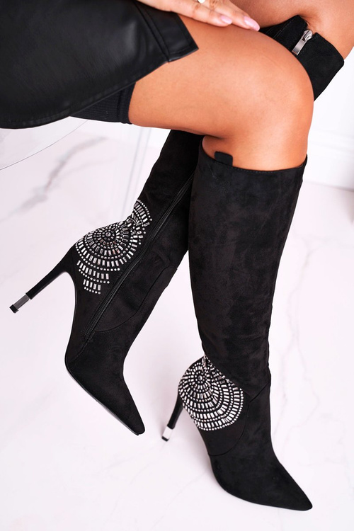 Kozaki Damskie Na Słupku Do Kolana Czarne Fashionable