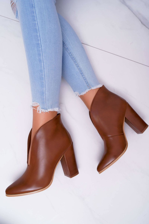 Botki Damskie Na Słupku Wsuwane z Wycięciami Brązowe Mantana