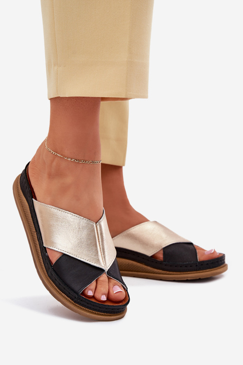 Skórzane Klapki Damskie Na Platformie Maciejka L4986-25 Złoto-Czarne