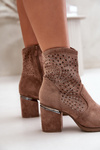 Zdobione Ażurowe Botki Damskie Na Słupku Z Eko Zamszu Brązowe S.Barski HY42-029