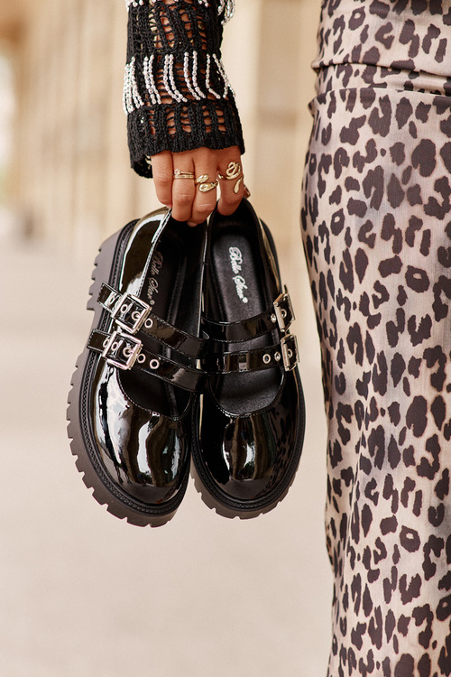 Półbuty Damskie Z Paskami Lakierowane Czarne Terione