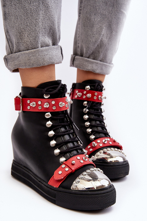 Ocieplane Botki Na Koturnie Z Dżetami Ekoskóra Lu Boo Czarne