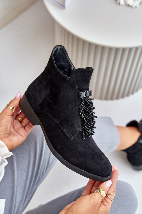 Ocieplane Niskie Botki Z Ozdobą Na Zamek S.Barski HY42-715 Czarne