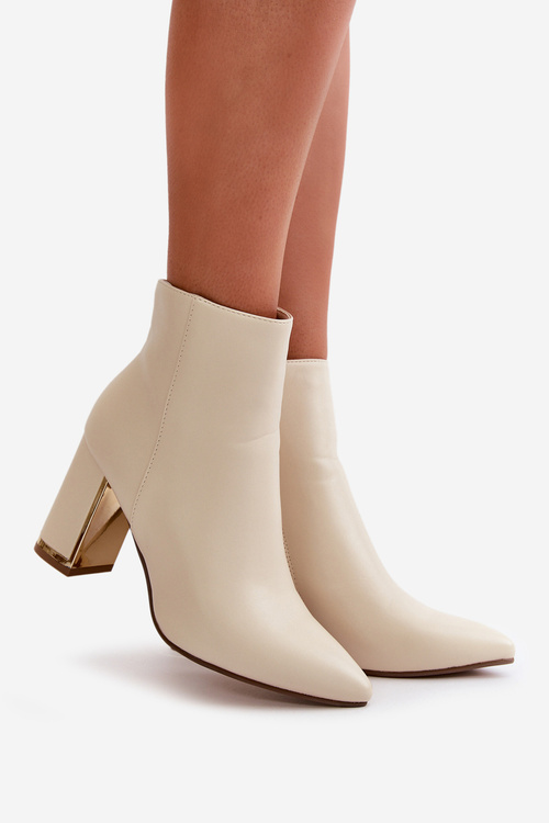 Botki Damskie Na Słupku Zapinane Na Zamek Ocieplane Eko Skórzane Jasnobeżowe Mevair