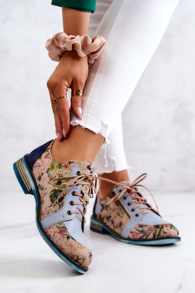 Damskie Skórzane Półbuty W Kwiaty Maciejka 5096A-34 Niebieskie