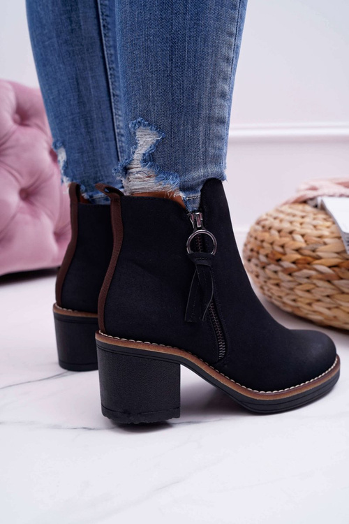 Damskie Botki Na Słupku Ocieplane Filcem Czarne Delia