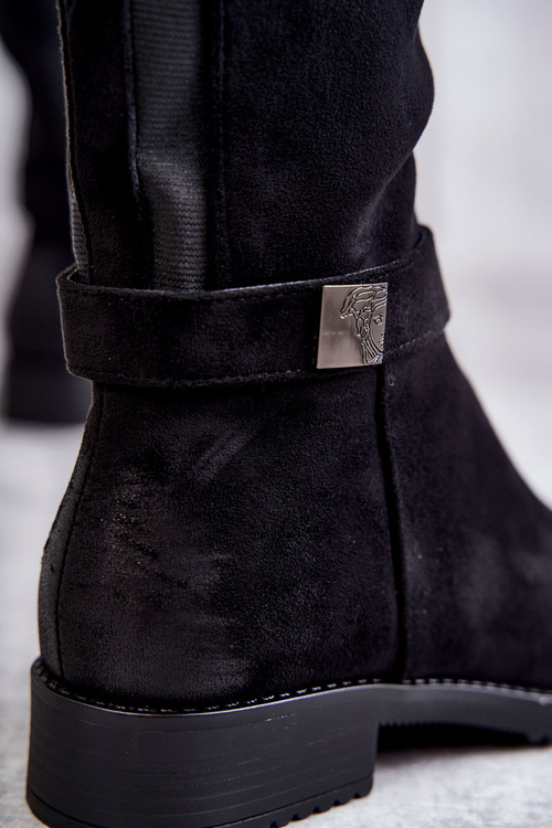 Zamszowe Damskie Kozaki Na Płaskim Obcasie Czarne Henrike