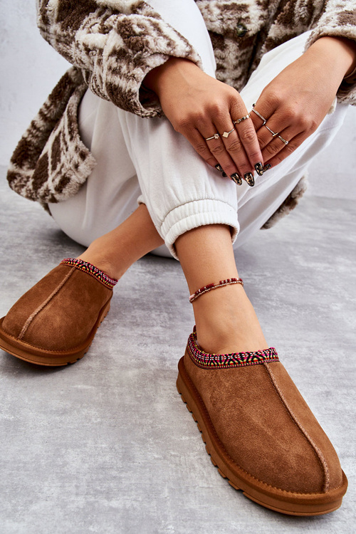 Zamszowe Damskie Papcie Z Futerkiem Camel Buffie