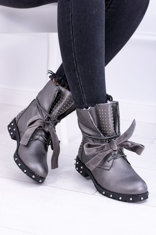 Damskie Botki Ocieplane Z Kolcami i Dżetami Srebrne Neso