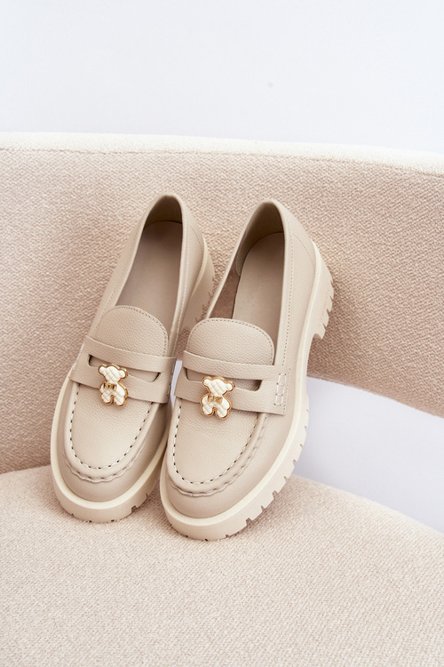 Skórzane Półbuty Mokasyny Z Misiem CheBello 4291 Jasnobeżowe