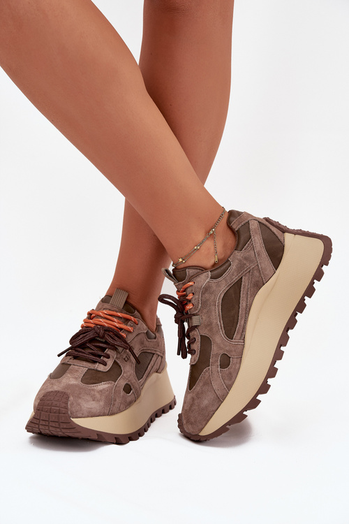 Skórzane Sneakersy Na Platformie Damskie Big Star SS274627 HI-POLY SYSTEM Beżowe