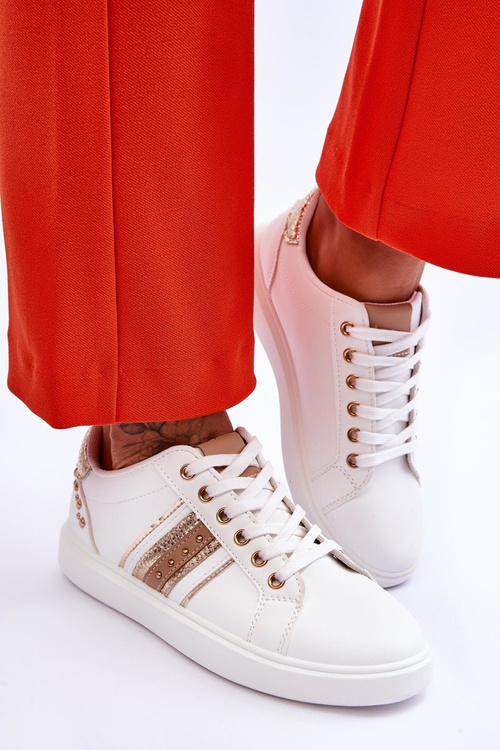 Damskie Skórzane Sneakersy Z Ćwiekami Biało-Złote Dory