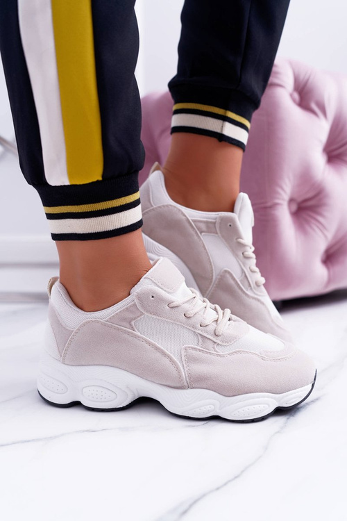Sportowe Damskie Buty Zamszowe Beżowo Białe Lollipop