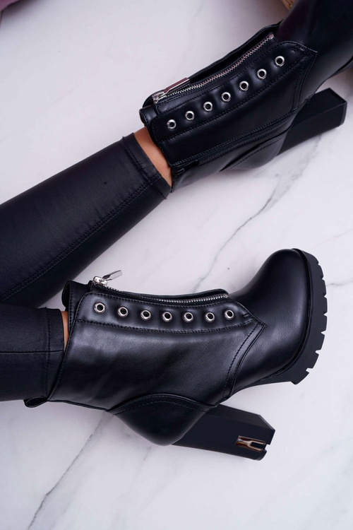 Botki Damskie Na Słupku Ozdobny Suwak Czarne Imagine