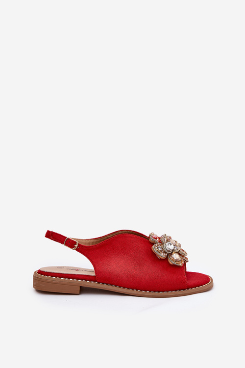 Sandały Damskie Na Płaskim Obcasie Z Ozdobą S.Barski KV27-001 Czerwone