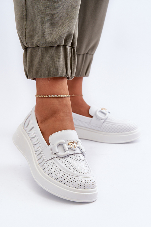 Skórzane Mokasyny Damskie Na Platformie Białe S.Barski LR720