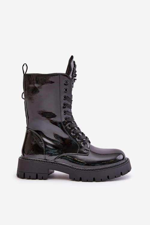 Lakierowane Ocieplane Botki Workery Z Ozdobą Czarne Kelilea