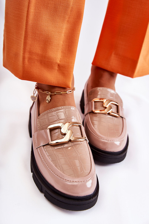 Modne Skórzane Półbuty Loafery Beżowe Loveliness