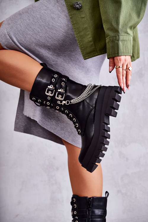 Wysokie Workery Botki Z Łańcuchem Czarne Montero
